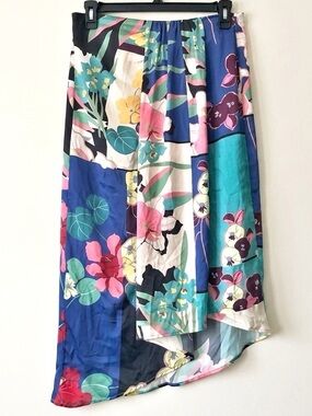 Zara Satin Effect Tropical Patchwork Print Midi Skirt Euro Summer Sz M